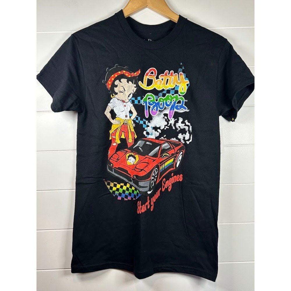 Betty Boop Start‎ Your Engines Graphic T-Shirt Black Small Cartoon